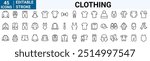 Clothes web line icons. Fashion icons. T-shirt, Pants, Jacket, Dress, Short, Shoe, Shirt symbols. vector illustrations. Editable Stroke