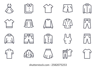 Clothes web outline icons set. Fashion icons. T-shirt, Pants, Jacket, Dress, Short, Shoe, Shirt symbols. vector illustrations.