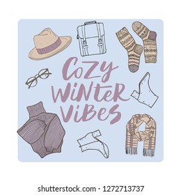 Clothes winter autumn set vector illustration cozy vibes sweater hat scarf cold warm style fashion ankle boots  hand drawn 