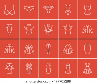 Clothes for women sketch icon set for web, mobile and infographics. Hand drawn clothes for women icon set. Clothes for women vector icon set. Clothes for women icon set isolated on red background.