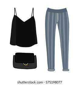 Clothes for women, vector illustration, blouse, trousers, jeans, bag