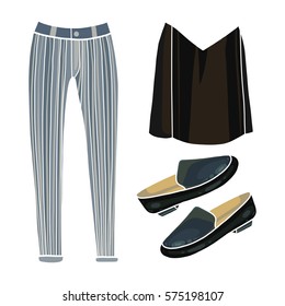 Clothes for women, vector illustration, blouse, trousers, jeans, shoes