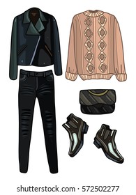Clothes for women, vector illustration, sweater, coat, shoes, bag, trousers, jeans