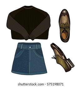 Clothes for women, vector illustration, sweater, skirt, shoes