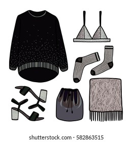 Clothes for women, vector illustration, sweater, blouse, bra, shoes, scarf, socks, bag