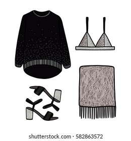 Clothes for women, vector illustration, sweater, blouse, bra, shoes, scarf