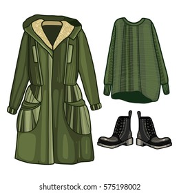 Clothes for women, vector illustration, trousers, jeans, sweater, coat, shoes