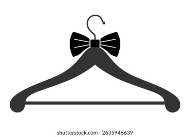 Clothes wooden hanger with black men's bow tie, bowtie. Vector logo, emblem of elegant fashion, dry cleaning services, atelier, wedding boutique, men's tuxedo, suit shop.