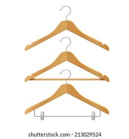 Clothes wooden hangers set for jackets pants isolated 3d vector illustration