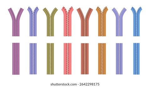 Clothes zippers and pullers for connecting and fastening piece of clothes. Vector in flat style, isolated set of modern or retro realistic clothing accessories of locks. Fasteners for garments