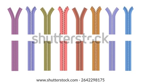 Clothes zippers and pullers for connecting and fastening piece of clothes. Vector in flat style, isolated set of modern or retro realistic clothing accessories of locks. Fasteners for garments