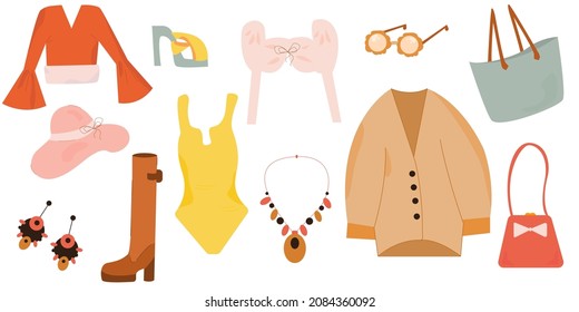 Clothes.Boho outfits.Boho street.Isolated White Background.Vector illustration.Isolated White Background.