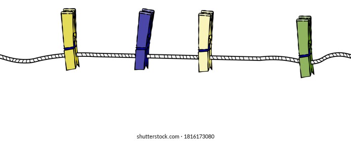 Clothesline with clothespins. Hand drawn vector illustration isolated on white, seamless pattern. Flat colors, easy to recolor.