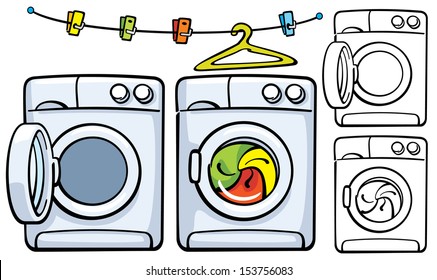clothesline with clothespins and washer machine in two variants