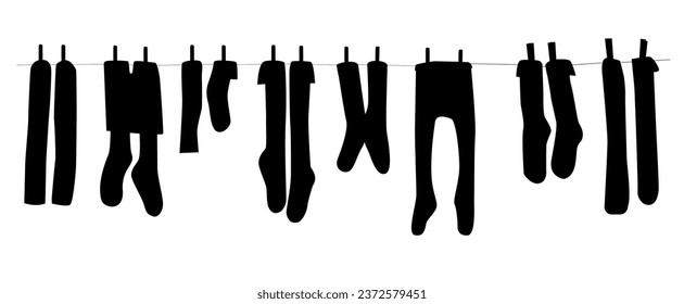 Wäscheleine mit verschiedenen Socken und Hosen, die an einer Linie hängen. Silhouette-Vektorgrafik