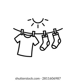 Clothesline Drying Icon Containing drying clothes, clothesline, laundry routine, and outline icon. Outline icon