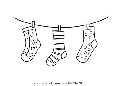 Wäscheleine mit lustigen Socken, Umriss-Doodle-Illustration einzeln auf Weiß