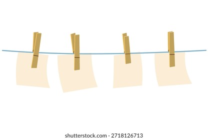Tendedero con colgando espacios vacíos de papel con pinza de madera en Vector Plantilla para el diseño de la decoración Póster Anuncio Anuncio de fondo
