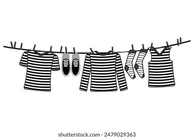 Clothesline with hanging striped clothes on white background. Laundry silhouette Laundry room. Washing of summer or sailor outfit. Clear shirt and shoes drying on clothesline.Stock vector illustration