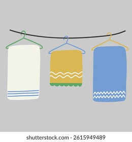 Clothesline with Hanging Towels Hand Drawn Flat Vector Illustration