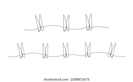 Tendedero con alfileres y dibujo de línea continua clavija uno. Lavandería, ilustración de doodle de pinza de ropa