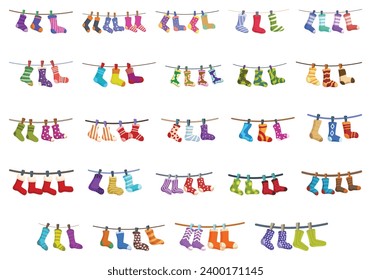 Socken-Symbole der Clothesline setzen Cartoon-Vektorgrafik. Trocknen hängt. Seilfaser