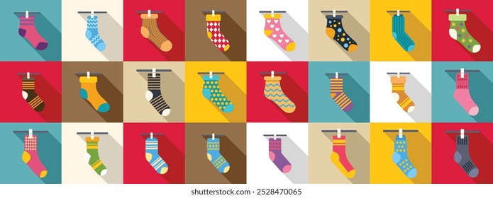 Conjunto de iconos de calcetines de tendedero. Diferentes calcetines coloridos con varios adornos colgando en la línea de ropa formando un patrón sin fisuras