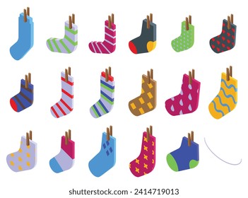 Clothesline sock icons set isometric vector. Drying rope pair. Hanging clothes