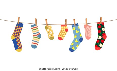 Clothesline with socks and clothespins hang on rope, fluttering in the breeze. Cartoon vector colorful pairs for kids and adults hang side by side, creates a display of drying laundry in the sunshine