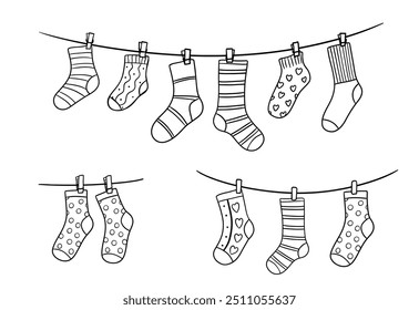 Clothesline with socks doodles, outline illustrations set isolated on white