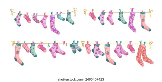 Clothesline socks illustration set. Socks on a rope, Baby socks with patterns vector cartoon