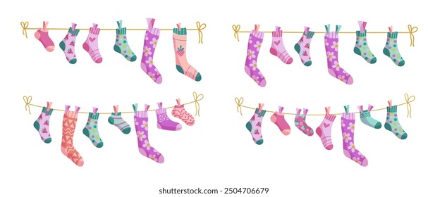 Wäscheleine Socken Illustrationssatz. Socken auf einem Seil, Babysocken mit Mustern, Vektorgrafik