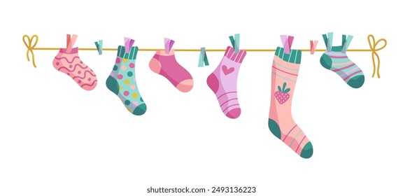 Wäscheleinen-Socken. Socken am Seil, Babysocken mit Mustern Vektorgrafik Cartoon