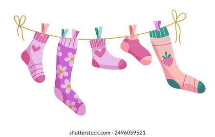 Clothesline socks. Socks on a rope, Baby socks with patterns vector cartoon