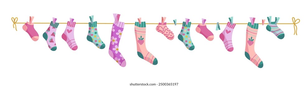 Wäscheleinen-Socken. Socken auf einem Seil, Babysocken mit Mustern, Vektorgrafik