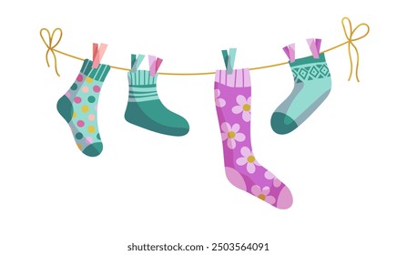 Clothesline socks. Socks on a rope, Baby socks with patterns vector cartoon