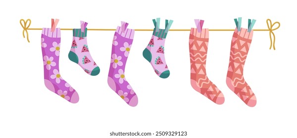 Clothesline socks. Socks on a rope, Baby socks with patterns vector cartoon.