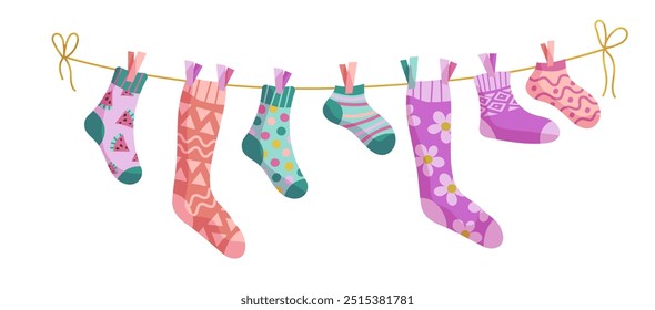 Clothesline socks. Socks on a rope, Baby socks with patterns vector cartoon