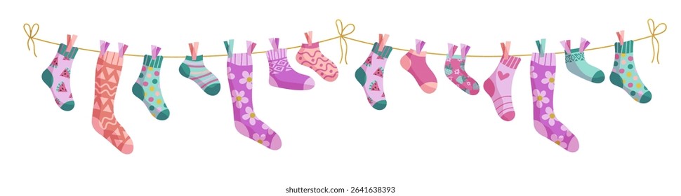 Clothesline socks. Socks on a rope, Baby socks with patterns vector cartoon