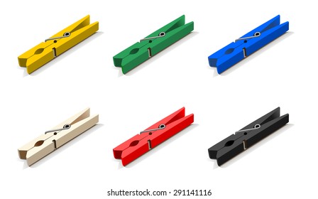 Clothes-peg collection. Set of plastic colorful clothespin. Yellow, green, red, blue, white and black clothes peg - vector art image illustration, realistic retro design, isolated on white background