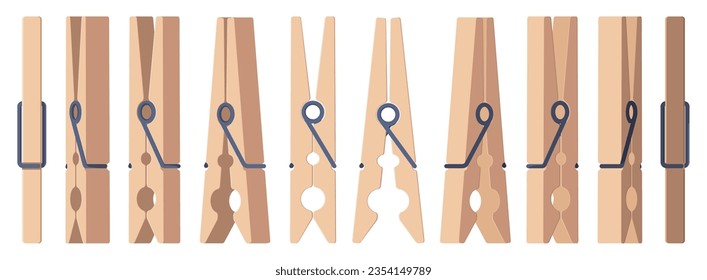 Clothespin collection. Empty wooden clothes pegs, laundry cord and rope clip, household dry cleaning utensil flat style. Vector isolated set of pin clothespin illustration