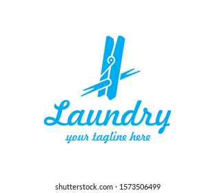 Clothespin for drying clothes logo design. Clothes peg and rope vector design. Laundry clip logotype
