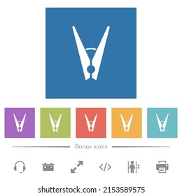 Clothespin flat white icons in square backgrounds. 6 bonus icons included.