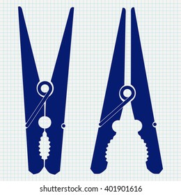 Clothespin icon. Blue vector on notebook sheet background