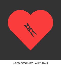 Clothespin icon flat. Simple pictogram on heart background. Vector illustration symbol