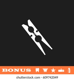 Clothespin icon flat. White pictogram on black background. Vector illustration symbol and bonus button tooth, vase, star, mirror, bottle