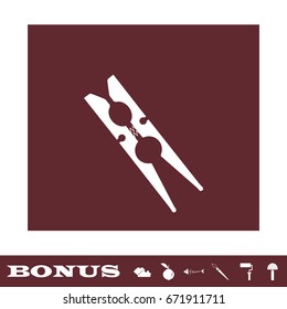 Clothespin icon flat. White pictogram on brown background. Vector illustration symbol and bonus icons