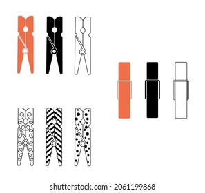 Clothespin outline icon illustration isolated on white background. Color elements of laundry in different angles.