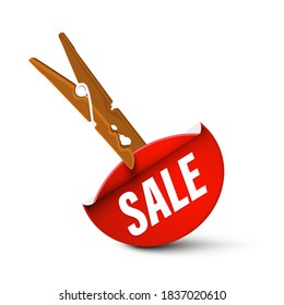 Clothespin - Peg with Red Sale Paper Label Isolated - Vector