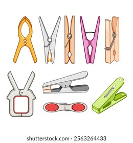 clothespin set cartoon. peg wooden, plastic grip, line secure clothespin sign. isolated symbol vector illustration